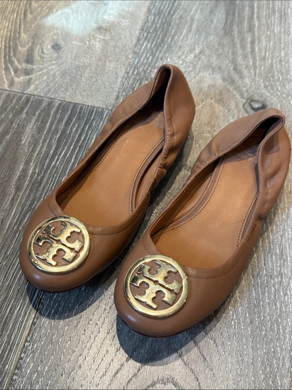 Tory Burch Chestnut Leather Logo Ballet Flats with Gold Medallion